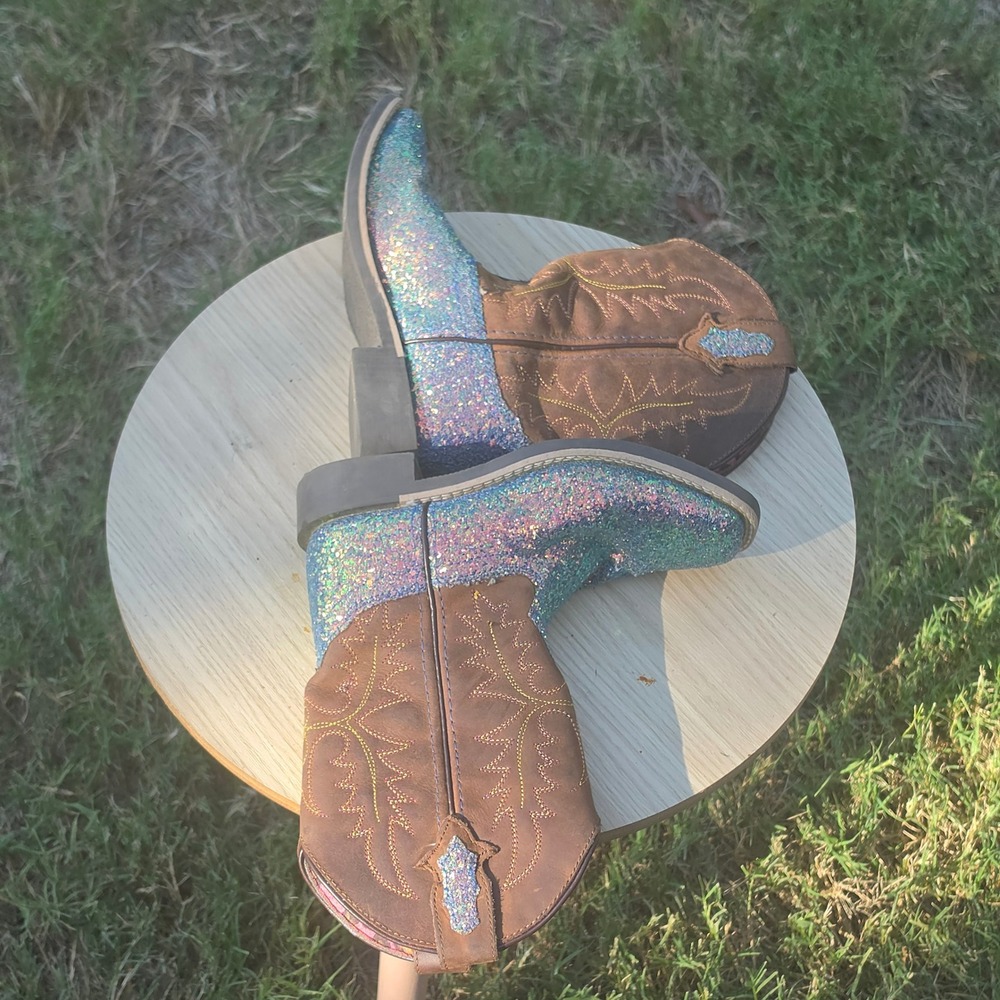 Girls Blue Glitter Brown Western Cowgirl Boots Square Toe Pink Leopard Lining - Picture 4 of 10